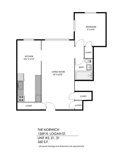 Floor plan for 1 bed, 1 bath, 561 sqft